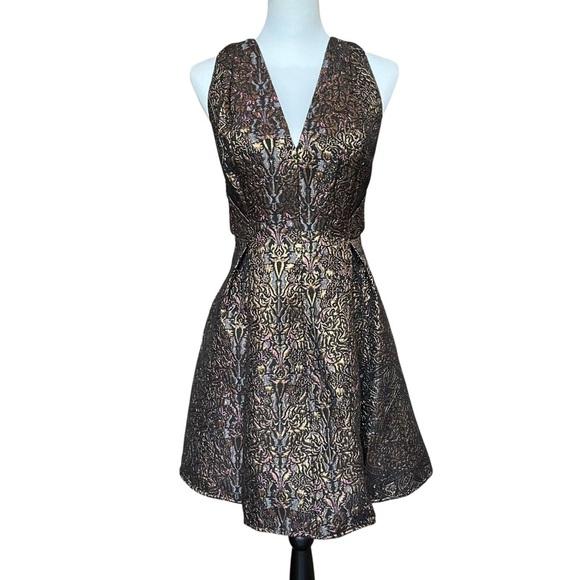 Topshop Dress Size 8 Gold HOCO Mini Party Sleeveless Fit Flare Cocktail Dressy - Picture 3 of 13